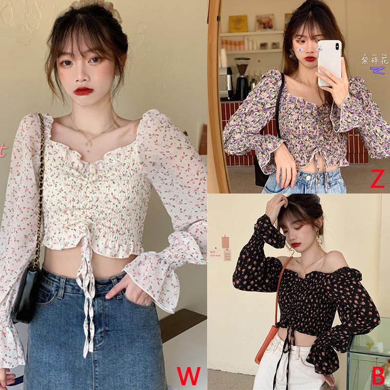 Áo kiểu trễ vai họa tiết hình hoa dễ thương cho nữ | BigBuy360 - bigbuy360.vn