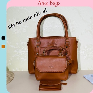 Túi xách nữ công sở Aneebags túi tote da kẹp nách nữ đeo vai đi làm da mềm, sét 3 món túi ví da màu bò