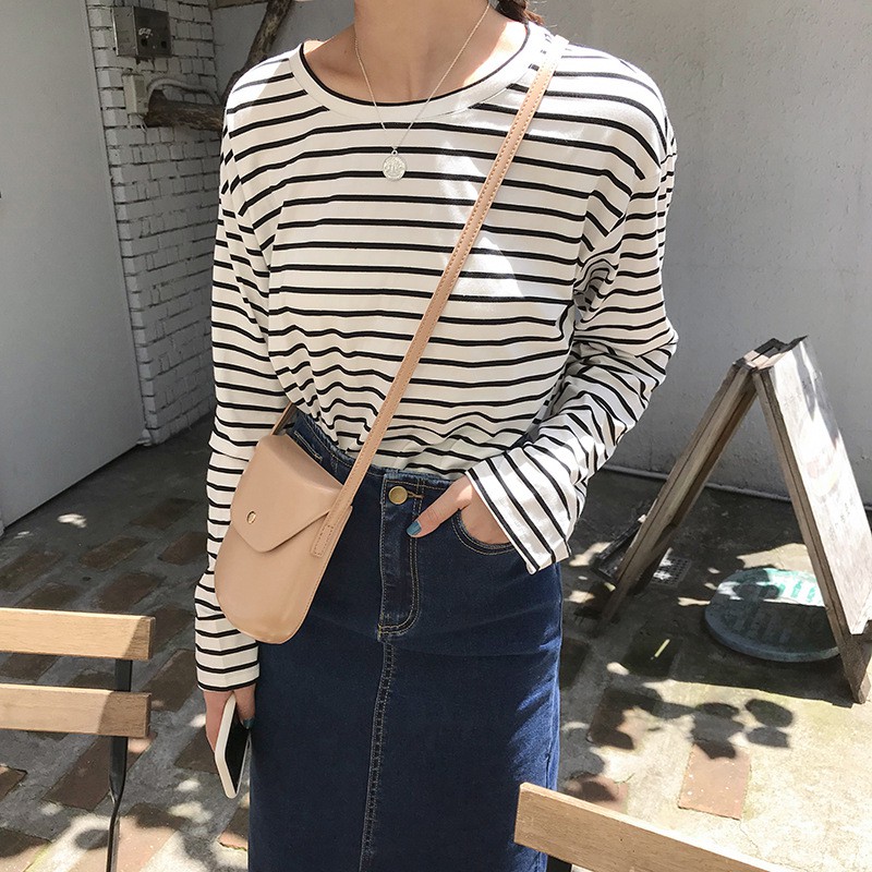 Áo thun dài tay kẻ sọc GURI form rộng unisex Hàn Quốc Áo thun tay dài Cotton Hàn Quốc