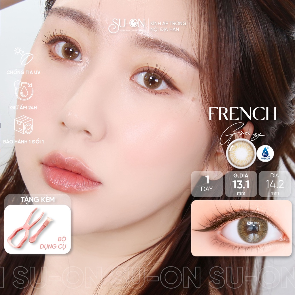 Lens 1 ngày Olens French nâu trong và xám khói, kính áp tròng 1 lần độ ẩm cao đeo 24h