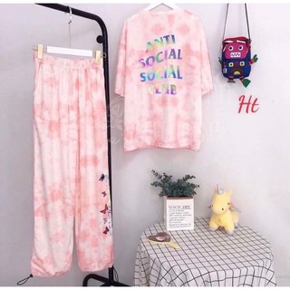 bộ thun loang màu Hồng hottrend tay lỡ quần chun gấu in PHẢN QUANG ANTISOCI Ht