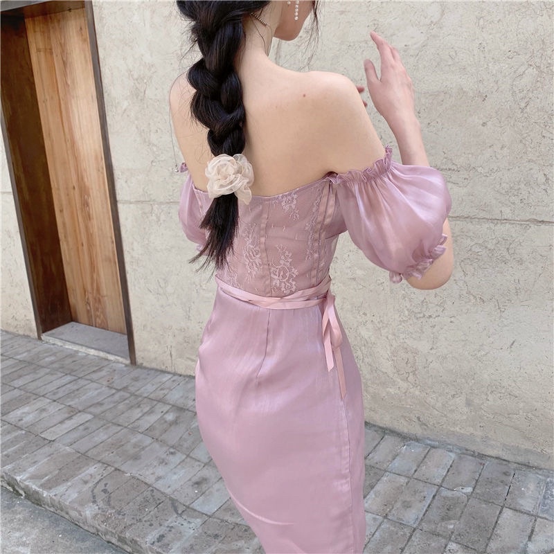 Đầm Cúp Ngực Trễ Vai Dáng Dài Rút Dây Bên