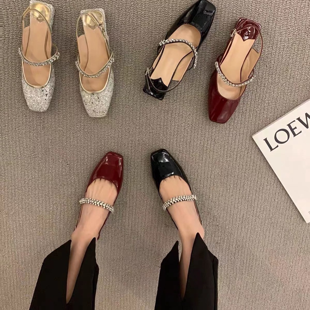 Giày Cao Gót Mũi Vuông Đính Đá Thời Trang Xuân Hè Mới 2022