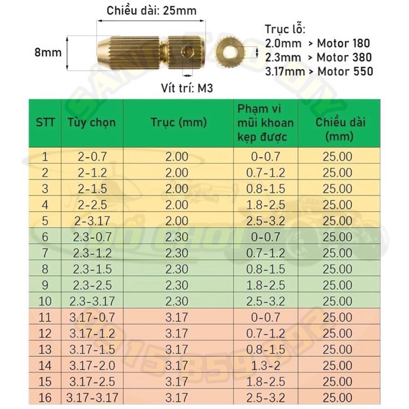 [Nhiều tùy chọn] Đầu kẹp mũi khoan mini 2mm - 2.3mm - 3.17mm dùng cho motor 180 - 380 - 550