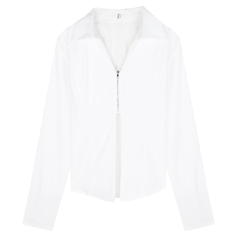 QKOOLE Áo sơ mi  tay dài cổ chữ V phối khóa kéo thời trang Hàn Quốc cho nữ