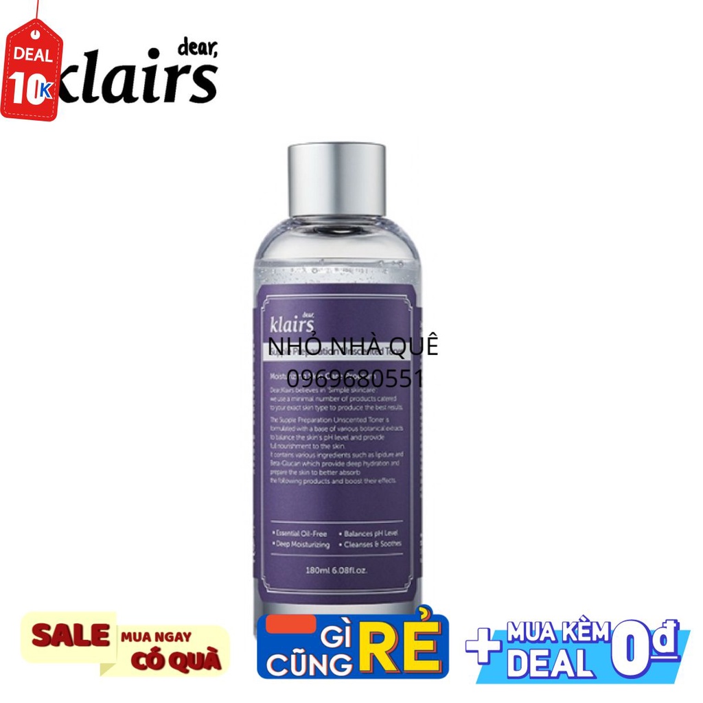[DATE LUÔN MỚI] Nước hoa hồng Dear Klairs Supple Preparation Unscented Toner 180ml