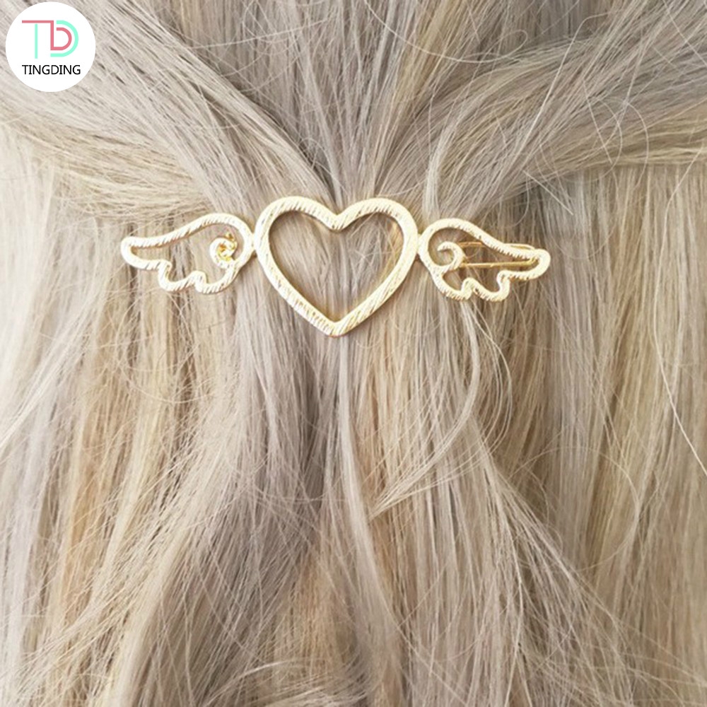 Kẹp tóc kim loại màu vàng kim/bạc thiết kế kiểu rỗng phong cách Retro hình trái tim đôi cánh