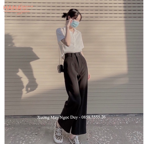 Quần ống rộng suông nữ lưng cao khóa trước vải tuyết mưa mềm dáng quần tây nữ ống rộng đi học biển làm công sở cạp cao
