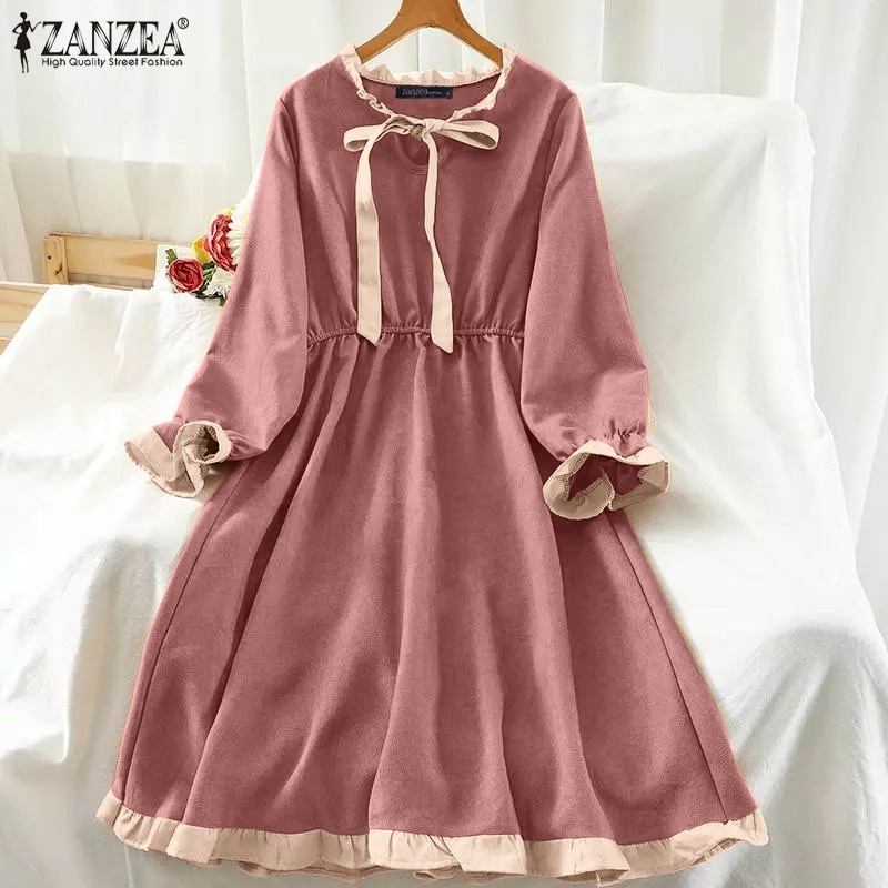 Đầm xòe ZANZEA tay phồng dài cổ tròn thời trang dành cho bạn nữ