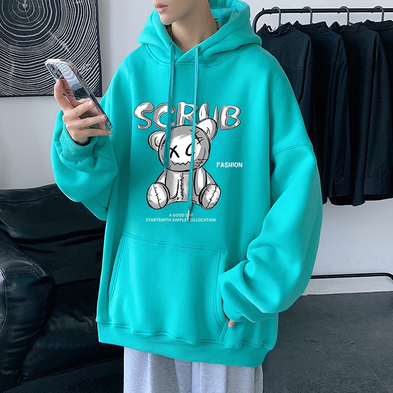 Áo hoodie AOKANG dáng rộng in hình gấu kiểu Hồng Kông thời trang xuân thu cho nam