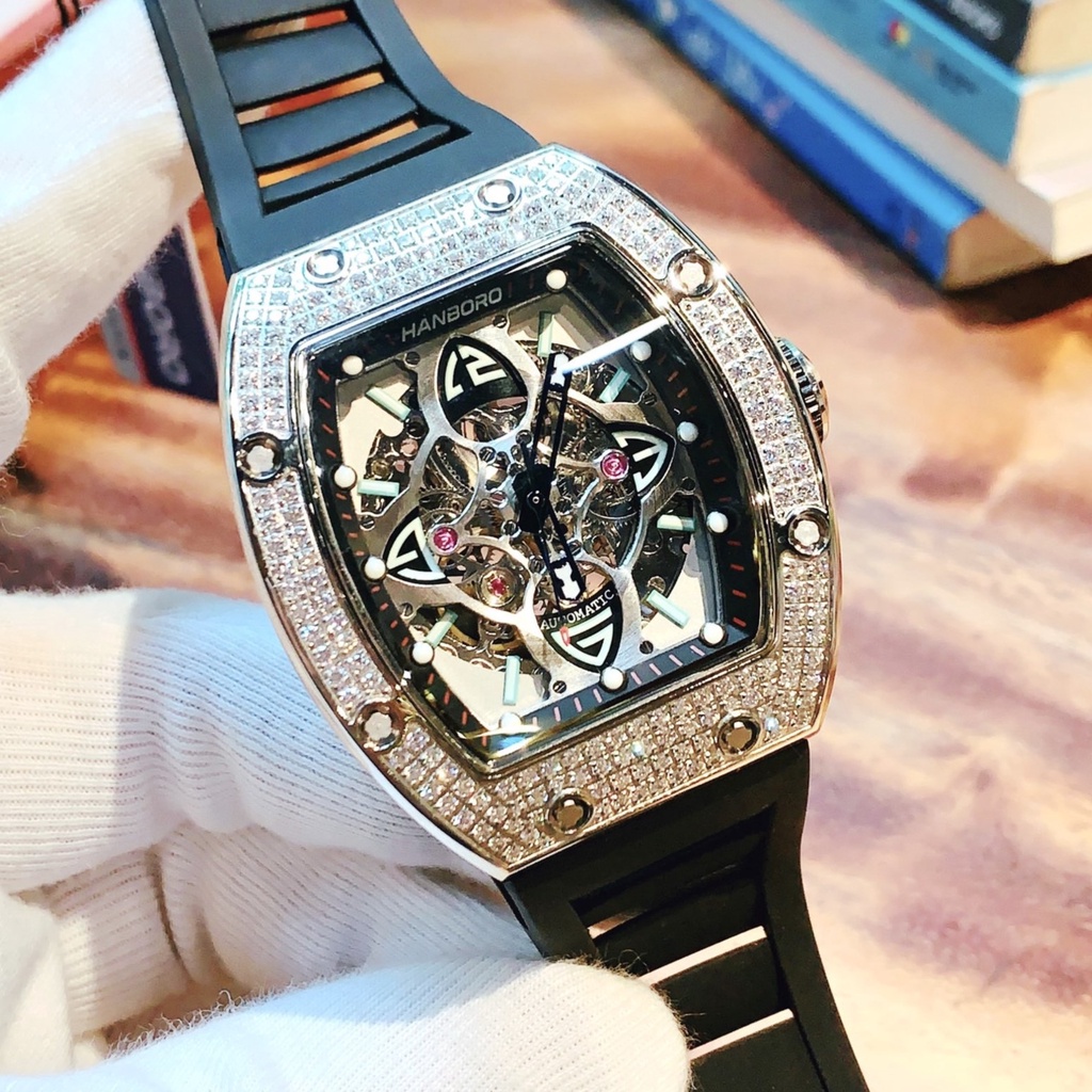 Đồng Hồ Nam Hanboro By Huboler Automatic Dây Silicon Đen Đính Đá Silver 40x48mm Chính Hãng