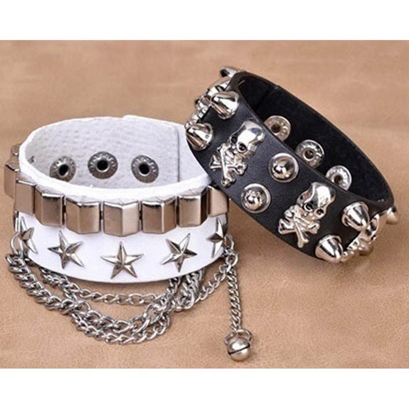 Vòng tay da mặt hình đầu lâu phong cách gothic nhiều màu sắc cho nam và nữ