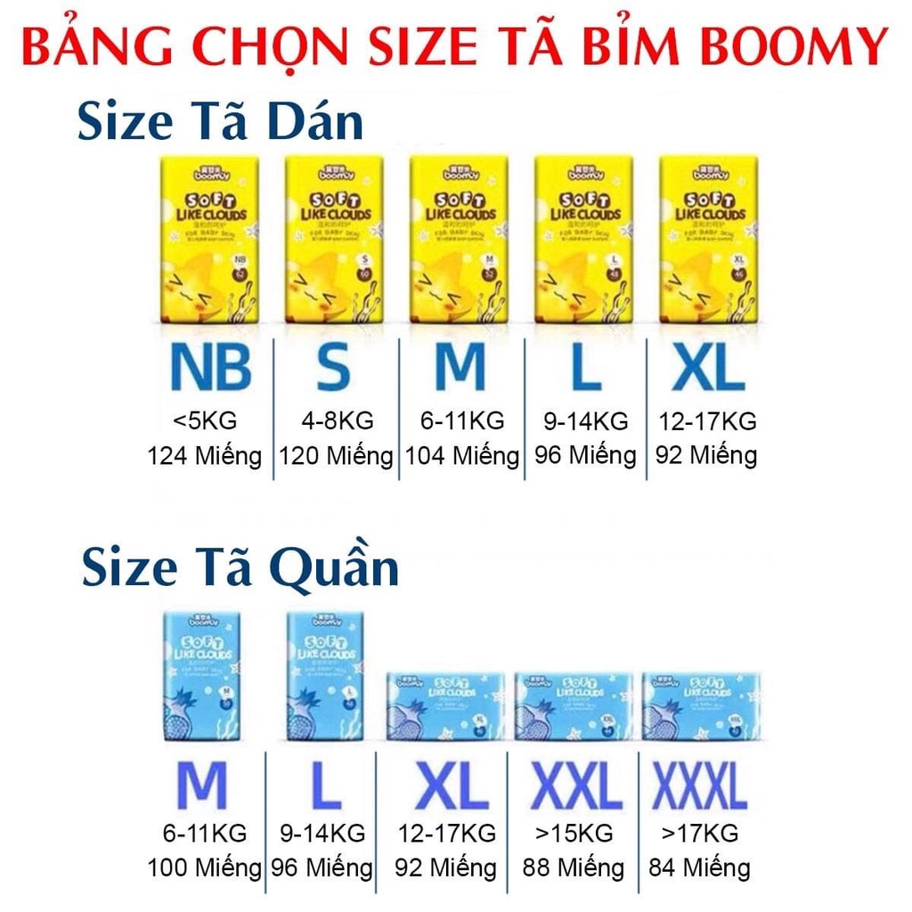 Bỉm Boomy Dán/Quần S120/M104/M100/L96/XL92/XXL88/XXXL84