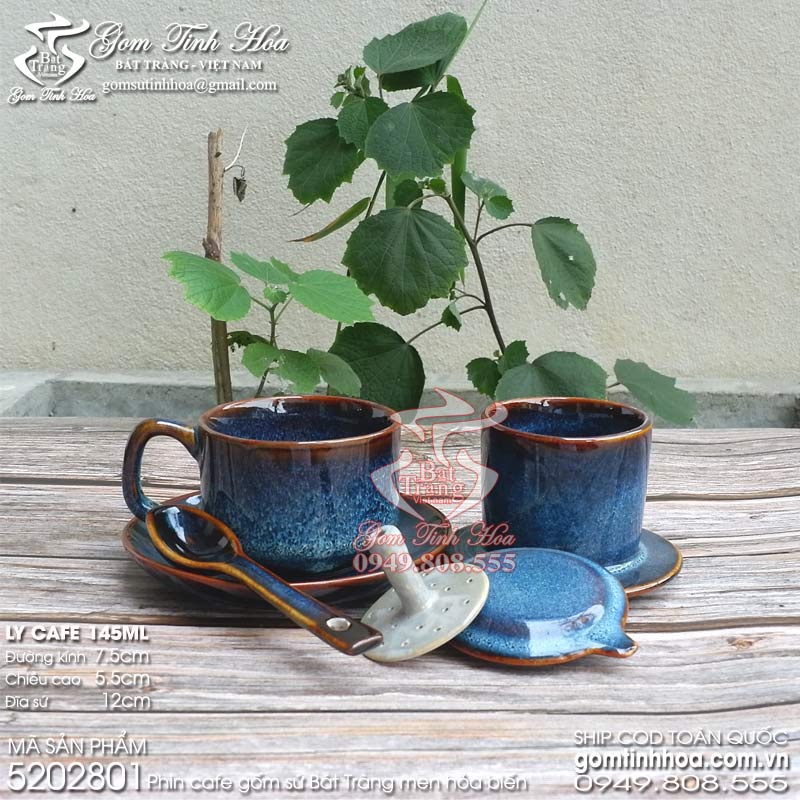 Phin cafe gốm sứ Bát Tràng men hỏa biến màu thiên thanh