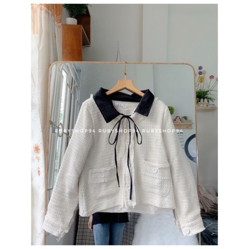 Áo dạ tweed nữ dáng ngắn màu trắng phong cách Hàn Quốc, Áo khoác dạ nữ đẹp tiểu thư sang chảnh Rubyshop94