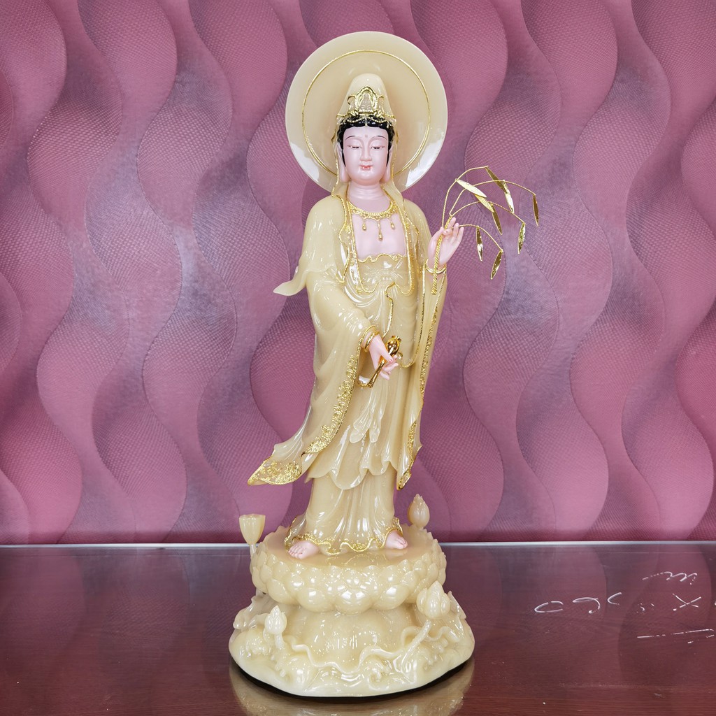 Tượng Phật Quan Âm đứng Ngồi Đài Sen Đá Cao Cấp Tượng quan âm đá 19in