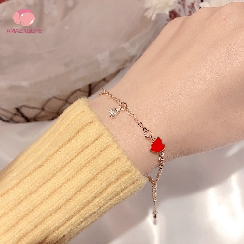 Vòng Tay / Vòng Tay Hợp Kim Mặt Hình Trái Tim Màu Đỏ Dầu Đào Phong Cách Bohemian Dễ Thương Ngọt Ngào Cho Nữ