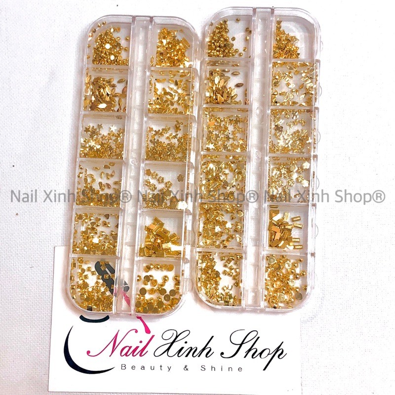 Khay 12 ô phụ kiện nail, trang trí móng tay cao cấp (phụ kiện nail kim loại mix)