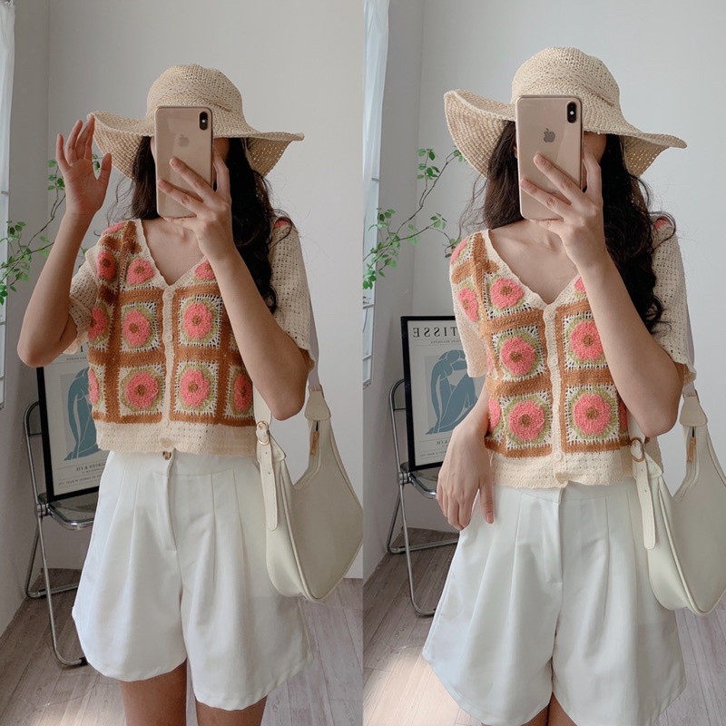 [Ảnh thật/Videp]Áo len pha tay hoa thêu Sunday  mã hai màu hồng xanh Áo mongtogi hàng Quảng Châu