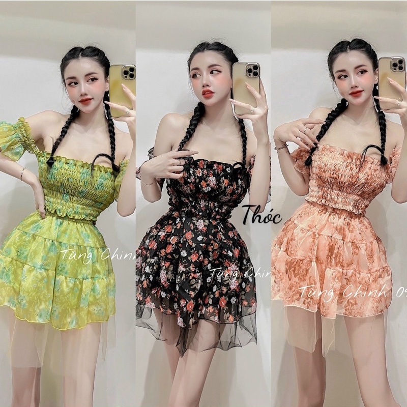 Set áo chun tơ hoa trễ vai + chân váy xoè