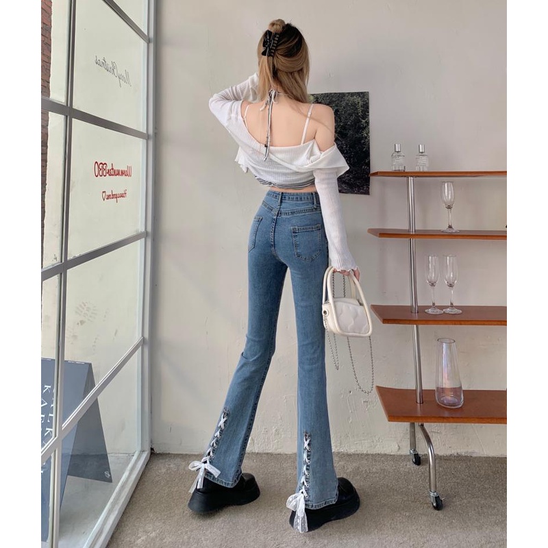 Quần jeans Nữ Lưng Cao Ống Loe Đan Dây Quyến Rũ