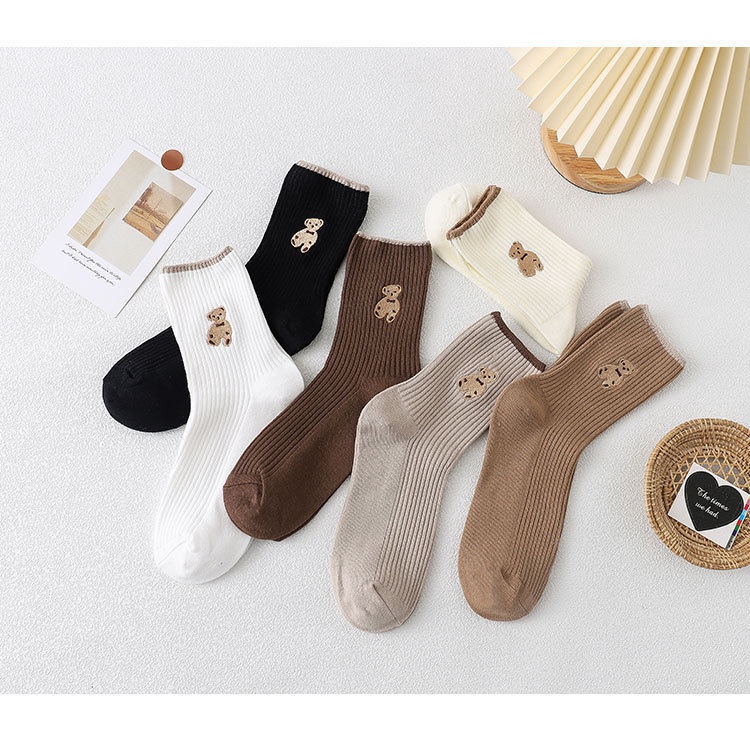 Vớ cotton Cao Vừa Thêu Họa Tiết Chú Gấu Dễ Thương Phong Cách Hàn Quốc Thời Trang Cho Nữ