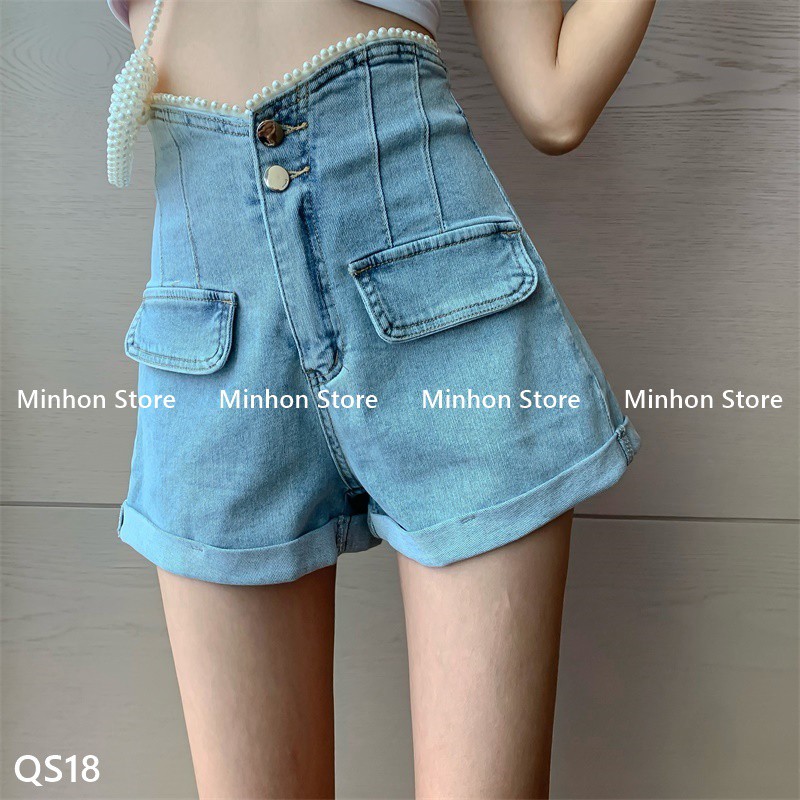 [Có Sẵn - Freeship] Quần Đùi, Quần Short Bò Cạp Cao Đính Viền Ngọc Sang Chảnh (Minhon Store QS18) | BigBuy360 - bigbuy360.vn
