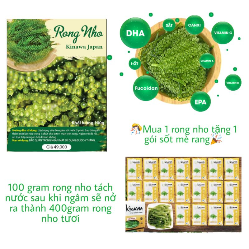 400g rong nho tươi Tặng sốt mè rang Rong nho tươi tách nước Okinawa Nhật Bản 100gram