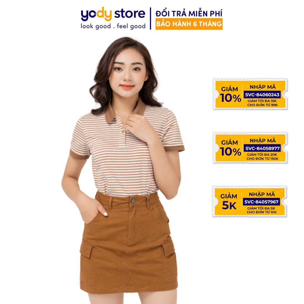 Áo polo nữ kẻ melange thương hiệu YODY dáng basic chất cotton - APN4172