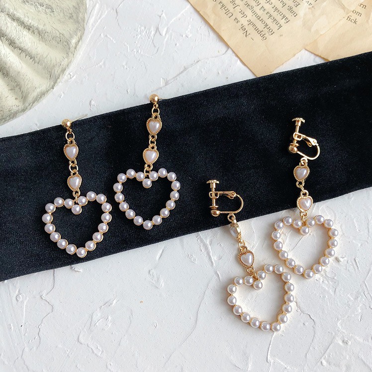 Khuyên tai kẹp không bấm lỗ chốt điều chỉnh K075 bằng hợp kim mạ vàng hình trái tim đính hạt trai bigsize dáng dài Leous