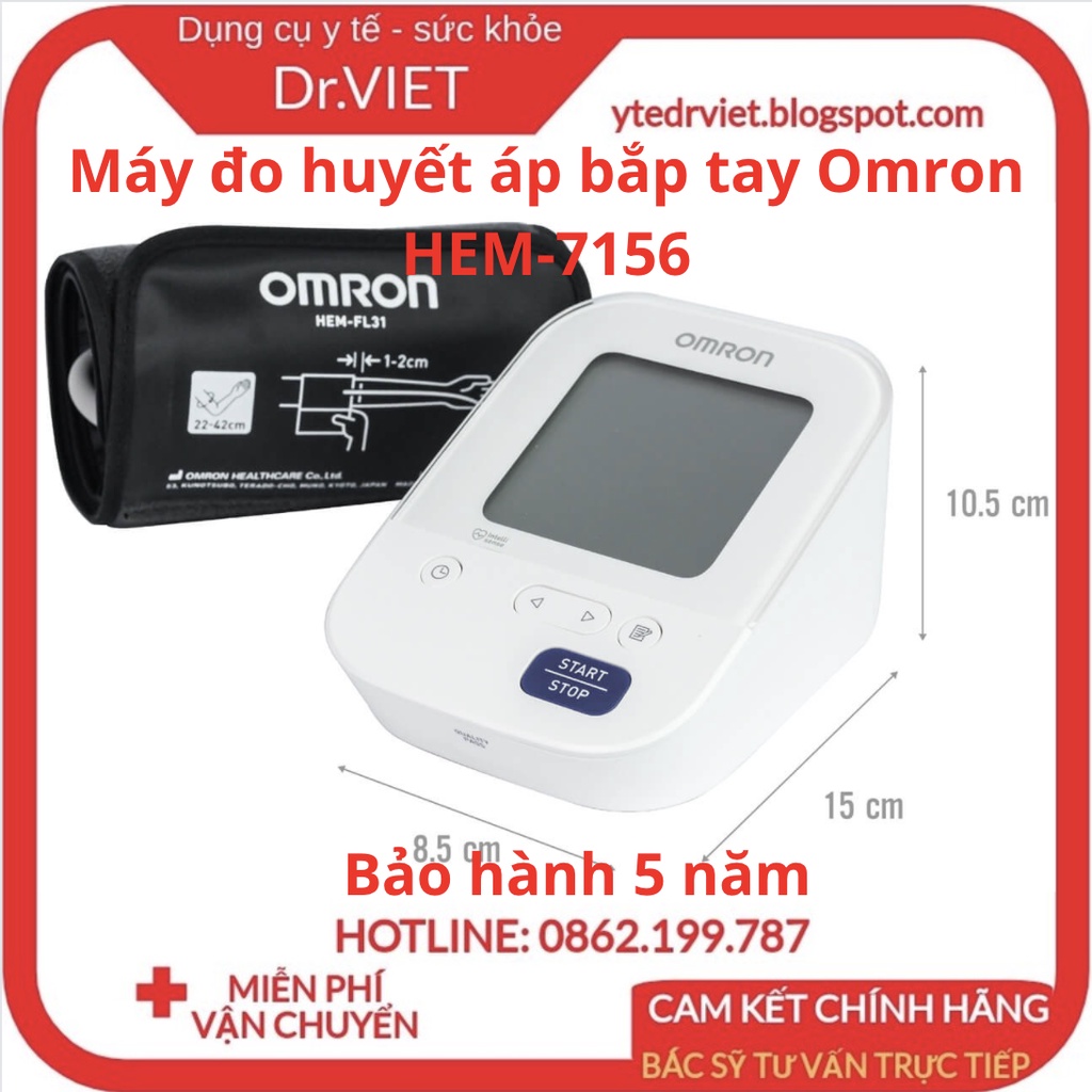 Máy đo huyết áp bắp tay Omron HEM 7156 - Cảnh báo huyết áp và nhịp tim, đèn báo lỗi cử động,bảo hành 5 năm-Drviet