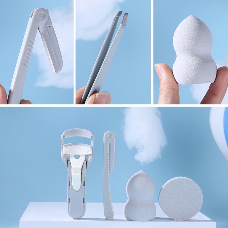 Set dụng cụ trang điểm 5in1 kẹp mi - dao cạo mày - nhíp - mút tán nền - bông phủ phấn Lameila