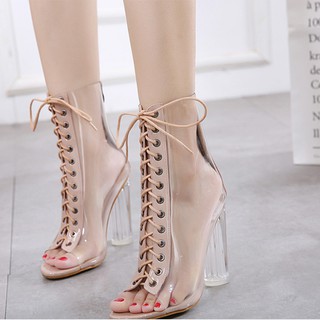 (Bảo hành 12 tháng) Giày boot nữ cao gót trong suốt phối dây đan chéo - Giày nữ 2 màu Đen và Kem gót 9cm - Linus LN1829