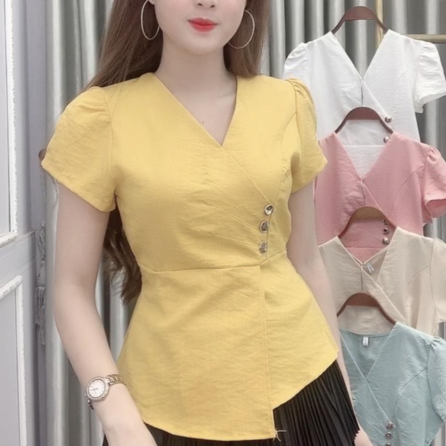 Áo sơ mi nữ kiểu tay ngắn cổ V công sở - 5 Màu: Trắng, Xanh, Hồng, Vàng, Be - A9 - Hanlly Fashion Thời Trang Nữ !