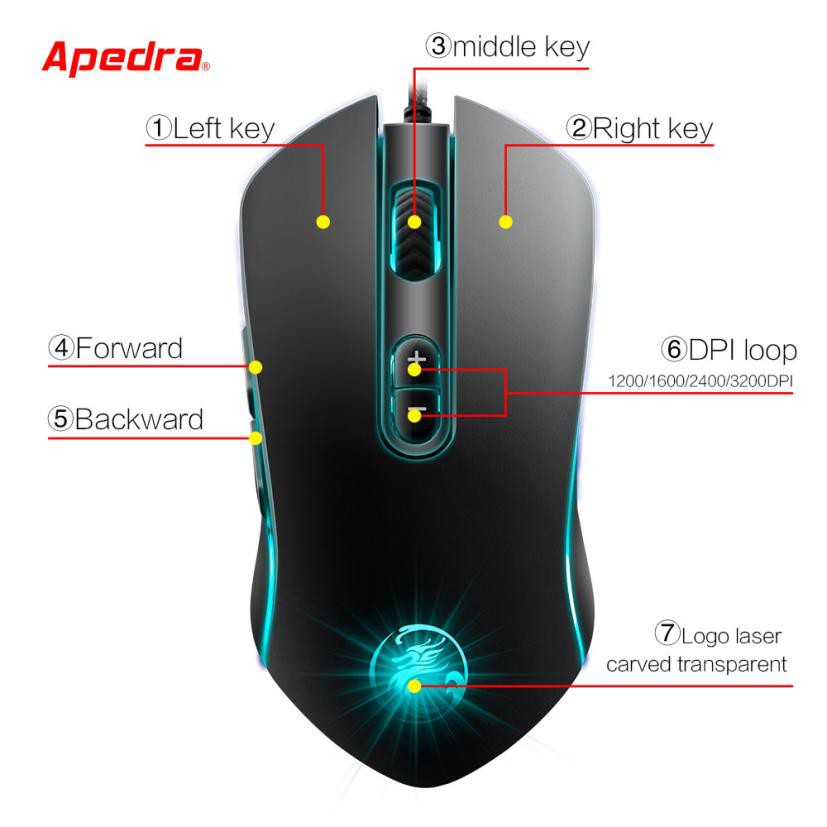 Chuột Game Có Dây E-Sport Apedra A6 3200 Dpi 7 Nút Led Đổi 7 Màu - NK