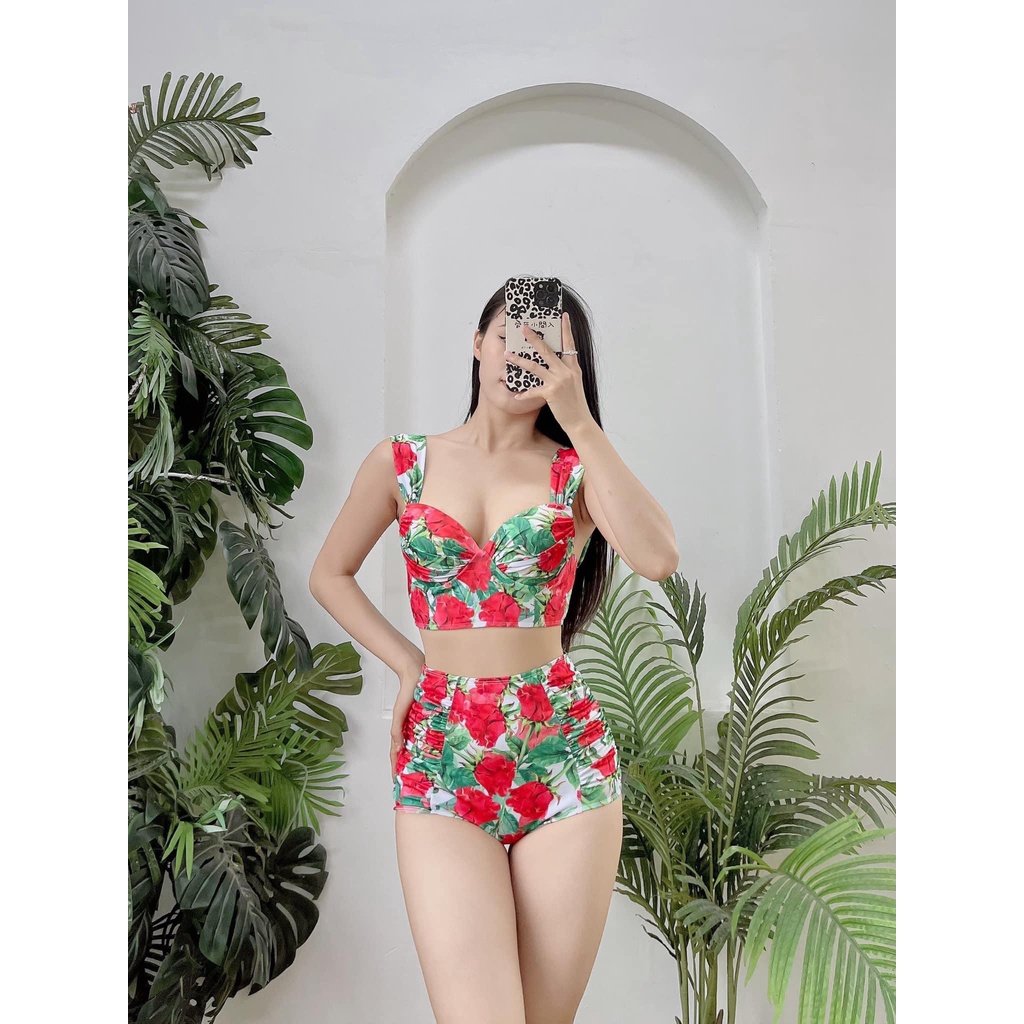 Bikini Nữ Hai Mảnh ComBo 3 Món, Đồ Bơi Đi Biển Hai Mảnh Kèm Khăn Voan Họa Tiết Sang Đẹp Binsports BHV165 Hoa Hồng