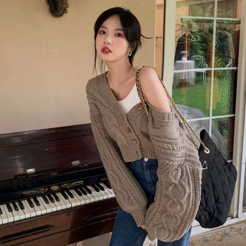 COZOK Áo cardigan Dệt Kim Tay Dài Dáng Rộng Cổ Chữ V Phong Cách Thời Trang retro