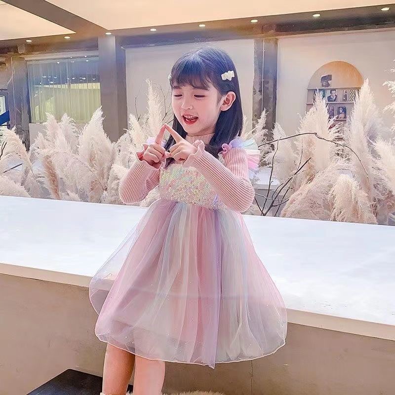 Váy len dài tay cầu vồng nhiều màu cho bé gái (Cao 90-140cm, nặng 10-30kg) N01019