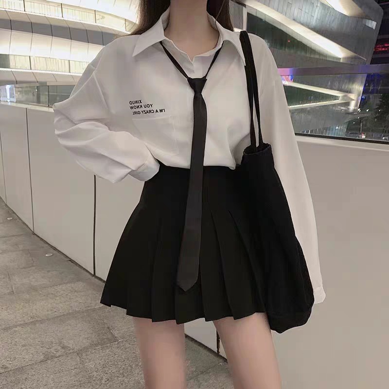 SET ÁO SƠ MI CÀ VẠT MIX CHÂN VÁY KHÓA KÉO XẾP LI ULZZANG