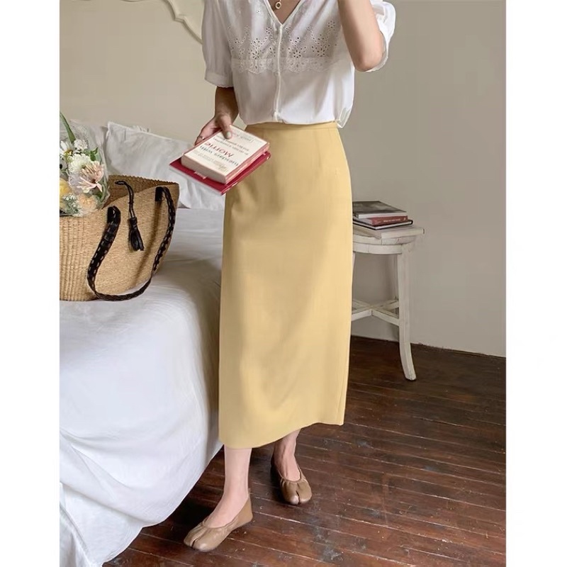 Chân váy midi dáng A cạp khóa xẻ sau