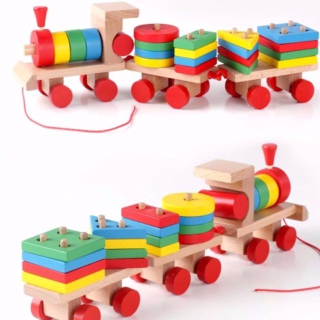 Đồ chơi đoàn tàu thả hình khối, nhận biết màu sắc, đồ chơi gỗ