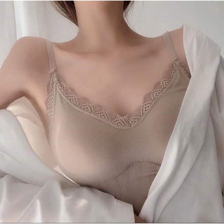 Áo Hai Dây Phối Ren Chất Len Co Dãn Áo 2S Có Mút Ngực 4 Màu PTA995