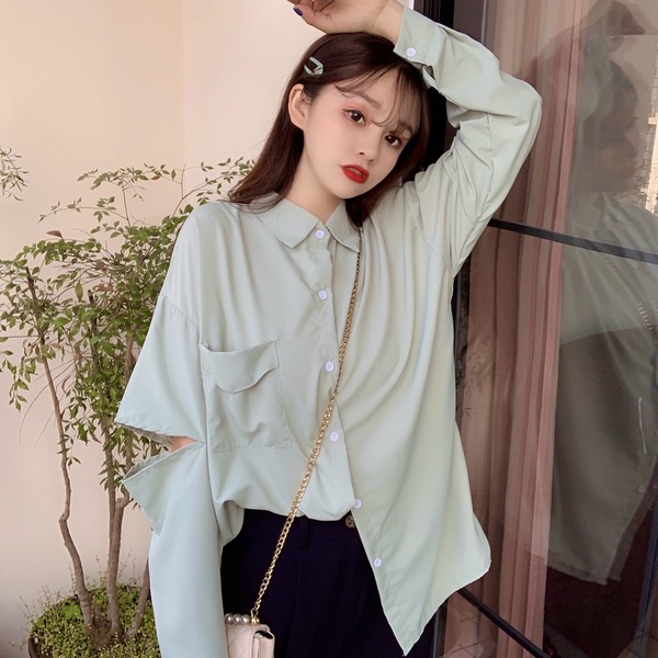 SUXI Áo Sơ Mi Tay Dài Dáng Rộng Màu Sắc Đơn Giản Thời Trang Mùa Hè Xinh Xắn Cho Nữ