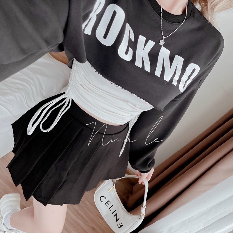 Set áo rút dây 2 bên kèm áo croptop tay dài bên ngoài, Set áo ROCKMO - A5U