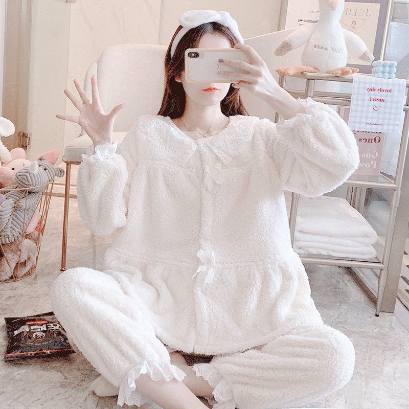 [rất nhiều mẫu] Bộ ngủ lông dài tay quần dài mềm mịn cực đáng yêu họa tiết gấu, thỏ