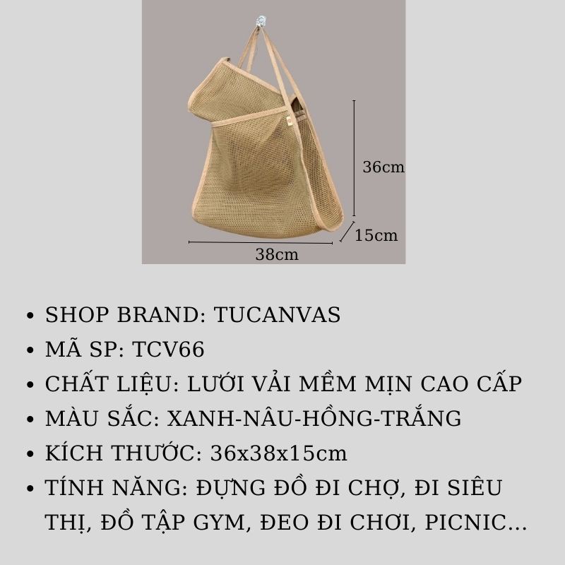 Túi xách đeo chéo đeo vai nữ dạng lưới đi chợ đi siêu thị mềm trơn nhiều màu gấp gọn tiện lợi TUCANVAS TCV66