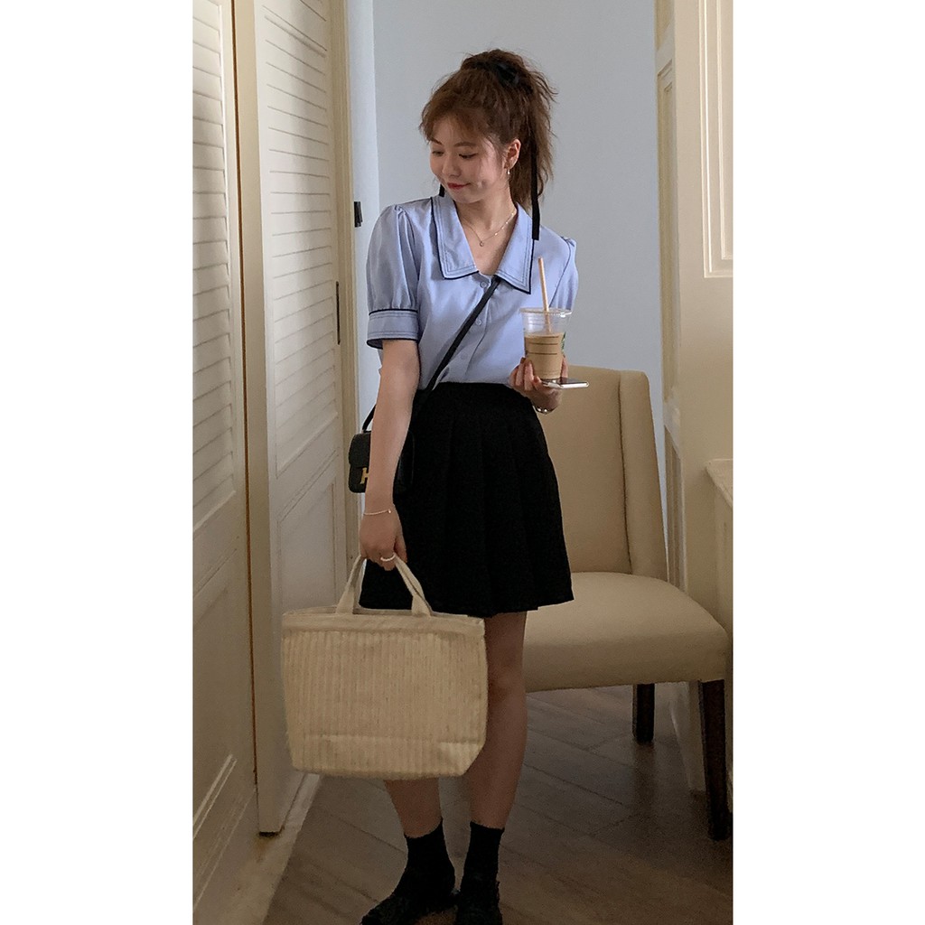Áo sơ mi nữ tay ngắn style hàn quốc CKA857, áo kiểu nữ cộc tay cổ nhọn viền chỉ cực xinh freesize &lt;53kg