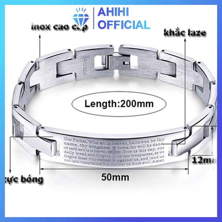Lắc tay nam cao cấp titan đẹp sang trọng inox thép không gỉ kiểu chạm thánh giá ahihi.official cỡ 12mm PTLTNA71