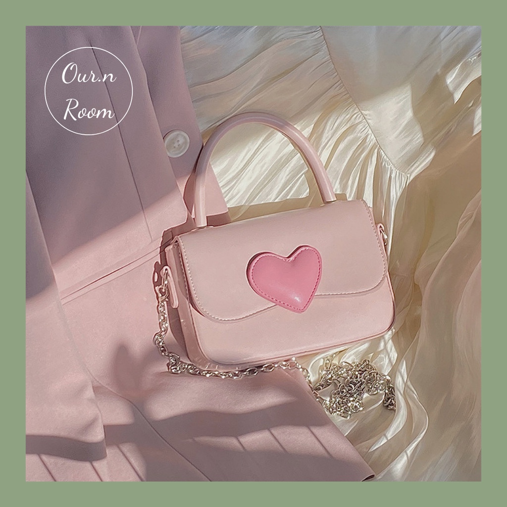 [CÓ SẴN] TÚI XÁCH NỮ MÀU HỒNG PASTEL ĐÍNH TRÁI TIM PHONG CÁCH HÀN QUỐC