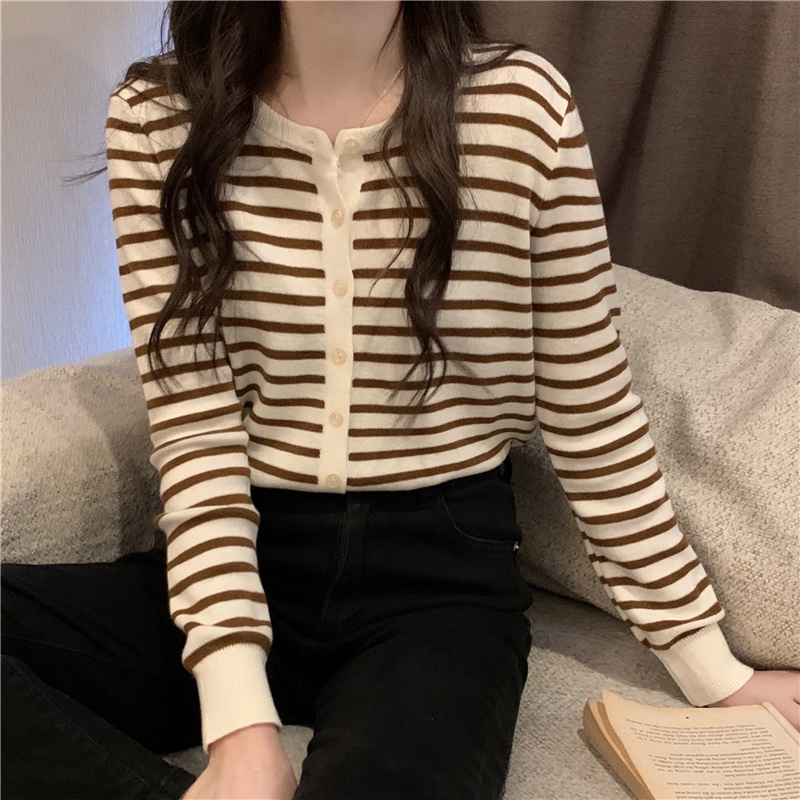 Áo Khoác Cardigan Dệt Kim Dáng Rộng Họa Tiết Kẻ Sọc Thời Trang Xuân Thu Phong Cách Hàn Quốc Mới Cho Nữ
